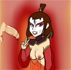 1boy 1girls 2d 2d_(artwork) after_fellatio areolae avatar_the_last_airbender blue_eyes bob_cut breasts breasts_out clothing cum cum_on_breasts cum_on_face cumshot defeated defeated_heroine facepaint facial happy_sub harem_girl harem_outfit implied_deepthroat kiss_mark_on_balls kyoshi_warrior large_breasts lipstick lipstick_mark lipstick_on_penis makeup nipple_piercing nipples peace_sign penis ruined_makeup sex_slave slave slave_outfit slavegirl submissive_female suki tagme topknot v_sign zuko