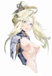 artist_request big_breasts blizzard_entertainment blonde_female blonde_hair blue_eyes breasts bust female female_only hair_ornament long_hair mercy nipples no_legs overwatch pink_nipples top_only topless topless_female white_background