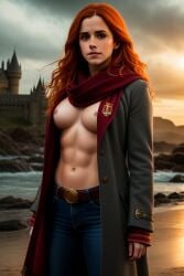 abs ag-edits ai_generated alternate_breast_size fit fit_female fitness flashing flashing_breasts harry_potter hermione_granger jeans muscular muscular_female nipples open_clothes open_coat red_hair scarf stable_diffusion toned toned_belly toned_body toned_female toned_stomach