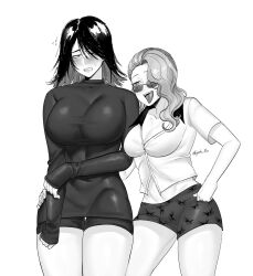 2girls big_breasts blush cleavage eeyah_r18 embarrassed female female_only genderswap_(mtf) kengan_(series) kengan_omega long_sleeves looking_at_another looking_at_viewer looking_over_eyewear looking_over_glasses looking_over_sunglasses medium_hair monochrome nervous nicolas_le_banner open_mouth rule_63 short_shorts shorts sleeves_past_wrists smile sunglasses terashi thick_thighs tight_clothing tinted_eyewear tongue_out turtleneck wavy_hair white_background