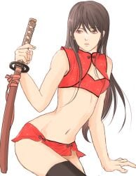 alternate_costume androgynous black_hair black_thighhighs chinese_clothes crop_top crossdressing damascusn femboy gintama katana katsura_kotarou long_hair long_hair_male male male_only microskirt miniskirt samurai sword thighhighs trap weapon wide_hips