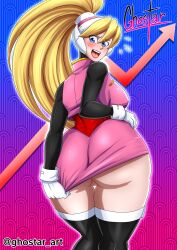 ass ass_focus blonde_hair blush ciel_(mega_man) embarrassed female ghostar gloves mega_man mega_man_zero simple_background skirt_pull skirt_tug undersized_clothes