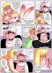 big_breasts big_penis blonde_hair breasts comic damien_(honeyboyy) dialogue dirty_talk honeyboyy huge_penis original penis shannon_(honeyboyy) size_talk stoned tagme text uncensored