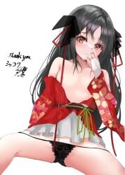 absurdres andason_sanda bare_shoulders black_hair black_panties commission hair_ribbon highres japanese_clothes kimono kimono_skirt lace lace_panties machine-doll_wa_kizutsukanai obi panties red_eyes ribbon sash short_kimono short_yukata skeb_commission underwear yaya_(machine-doll) yukata