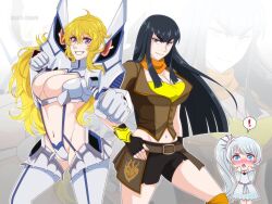 3girls admiring big_breasts black_hair blonde_hair blue_eyes blush boob_window breasts cleavage cosplay crossover crossover_cosplay eastern_and_western_character female female_only huge_breasts junketsu kill_la_kill kiryuuin_satsuki kiryuuin_satsuki_(cosplay) large_breasts long_hair manu-chann navel outfit_swap rwby smirking violet_eyes weiss_schnee white_clothing white_hair yang_xiao_long yang_xiao_long_(cosplay)