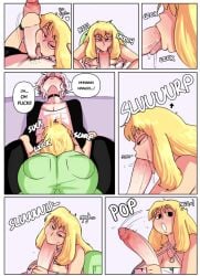 big_breasts blonde_hair blowpop bubble_butt comic damien_(honeyboyy) deepthroat dialogue fellatio honeyboyy pants shannon_(honeyboyy) stoned tagme text