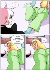 big_breasts blonde_hair comic damien_(honeyboyy) dialogue honeyboyy original shannon_(honeyboyy) stoned tagme text