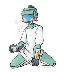 1boy 2d 2d_(artwork) apollosquare blue_body blush bodily_fluids bulge canti clothed clothing cum cum_in_clothing cum_through_clothing erection erection_under_clothing flcl for_a_head genital_fluids genital_outline humanoid kneeling machine male male_only non-human object_head penis_outline robot robot_humanoid shirt solo spread_legs spreading topwear wet wet_clothing white_background white_clothing white_shirt white_topwear