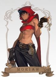 1girls athletic_female bangs_over_eyes belt black_hair blue_eyes dark-skinned_female dungeons_and_dragons ear_ring fingerless_gloves fit_female gloves hips looking_at_viewer moriah morry_evans muscle_tone portrait shadow_over_mystara short_hair solo solo_female sword thief_(d&d) underboob