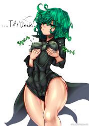 1girls 2023 abs absurd_res big_hips breast_grab breasts female female_only fingernails green_eyes green_hair looking_at_viewer nail_polish nipples one-punch_man simple_background skintight skintight_bodysuit solo squeezing_breast tatsumaki thick_thighs white_background yackyfishboner_(artist)