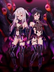 2girls black_hair black_thighhighs boots censored censored_pussy clothed duo_female duo_focus fate/kaleid_liner_prisma_illya fate_(series) female female_only garter_belt hair_ornament heels holding_hands illyasviel_von_einzbern latex_thighhighs light-skinned light-skinned_female looking_at_viewer miyu_edelfelt multiple_girls nipple_piercing open_mouth pink_eyes pink_heels pubic_tattoo puririn pussy_juice_drip revealing_clothes shoulder_tattoo slit_pupils smiling smiling_at_viewer tattoo thighhighs twintails white_hair young