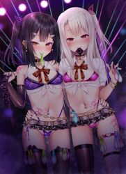 2girls alternate_version_at_source alternate_version_available armwear asymmetrical_clothes asymmetrical_hair bangles black_hair bra bracelet cameltoe choker clothed club condom condom_packet_strip condom_strip condom_wrapper cross duo_female duo_focus earrings elbow_gloves fate/kaleid_liner_prisma_illya fate_(series) female female_only garter_belt heart_tattoo illyasviel_von_einzbern jewelry lace_bra lace_thong laser microskirt miniskirt miyu_edelfelt multiple_condoms multiple_girls navel navel_piercing nipple_piercing orange_eyes panties party pink_eyes pink_tattoo puririn pussy_juice pussy_juice_drip rave revealing_clothes satin_bra shoulder_tattoo skirt slit_eyes stomach_tattoo tattoo thigh_tattoo thighhighs thong used_condom white_hair zettai_ryouiki