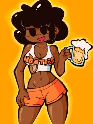 alcohol brown_skin carol_(bbpanzu) crop_top curly_hair curvy edit female friday_night_funkin hooters large_breasts looking_at_viewer m1nty partially_clothed shorts smile solo solo_female standing suggestive thick_thighs