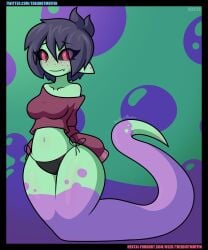 1girls armless belly_button bikini_bottom blush freckles green_skin half-dressed lamia looking_at_viewer naga navel pointy_ears purple_hair purple_skin red_eyes shirt signature simple_background snake snake_girl solo sweater text theidiotmuffin url wide_hips zola_(theidiotmuffin)