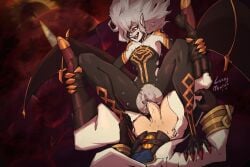 >:) 1boy amazon_position animal_ears ankle_grab arm_grab assertive_female bat_ears bat_wings cloud cloudy_sky commission commissioner_upload cowgirl_position embla_(fire_emblem) female femdom fire_emblem fire_emblem_heroes flying flying_sweatdrops folded grabbing highres holding_legs kiran_(fire_emblem) kiran_(male)_(fire_emblem) leg_grab luckymentha metal_gloves penis pubic_hair pussy sex sharp_teeth sky straight teeth torso_grab v-shaped_eyebrows vaginal_penetration wings