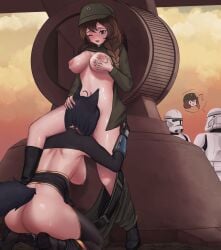 2boys 2girls absurdres animal_ears ass blue_eyes blush breasts brown_hair commission cunnilingus female_masturbation galactic_empire hand_on_another's_head hat helmet highres hyo_(lhyorin) large_breasts masturbation military military_hat military_uniform multiple_boys multiple_girls navel nipples one_eye_closed oral original pants_around_one_leg public_indecency pussy_juice star_wars stealth_sex stormtrooper tagme tagme_(artist) tagme_(character) tail uniform yuri