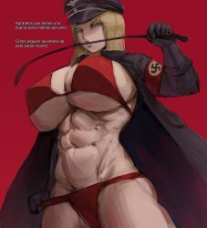 1girls abs angry angry_face armband artist_request bikini biyin blonde_hair blue_eyes bondage breasts female female_only hat latex light military nazi red_background solo solo_female spain spanish spanish_text streamer swastika text twitch uniform youtube_hispanic