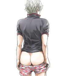 ass bare_ass boxers gintama gintoki_sakata male male_only pants_down rear_view solo strawberry_print tossy underwear underwear_down undressing white_hair