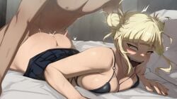 1boy ass bangs black_bra black_skirt blonde_hair blunt_bangs blush bra breasts clothed_female_nude_male clothes_lift cum double_bun ejaculation fangs female hair_bun himiko_toga indoors kasseusmaximus large_breasts messy_hair miniskirt my_hero_academia narrowed_eyes no_panties no_shirt nude on_bed paid_reward_available pleated_skirt prone_bone sex sex_from_behind skirt skirt_lift solo_focus straight teeth tongue tongue_out underwear upper_teeth_only yellow_eyes