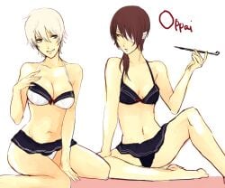 2girls alternate_costume bandages bikini brown_hair cleavage eye_patch female female_only genderswap_(mtf) gintama gintoki_sakata kiseru looking_at_another medium_breasts medium_hair pipe rule_63 short_hair sitting small_breasts smoking smoking_pipe summer_k25 swimsuit takasugi_shinsuke very_short_hair white_hair