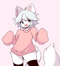 :d blue_eyes cat_ears cute feline fluffy_tail long_sleeves not_porn pink_clothing pink_sweater smile sweater thigh_highs thighhighs thighs white_body white_fur white_hair z_zmag8