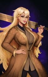 1futa big_breasts blonde_hair breasts clarice_di_lampedusa clothed clothing commission fully_clothed futa_only futanari hand_on_hip hi_res human light-skinned_futanari light_skin long_hair looking_at_viewer my_kinky_queen narrowed_eyes red_lips smiling smiling_at_viewer solo standing sword three-quarter_portrait weapon weapon_over_shoulder yellow_eyes