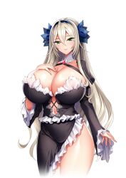 akagi_rio big_breasts cleavage curvy curvy_female detached_collar dress elma_saventilla female frilled_dress frills game_cg hair_between_eyes hair_ribbon hand_on_breast hi_res highres huge_breasts large_breasts long_hair looking_at_viewer mature_female milf milk_factory mother motto!_haramase!_honoo_no_oppai_isekai_oppai_meido_gakuen! navel navel_cutout official_art revealing_clothes shiny shiny_breasts shiny_skin transparent_background