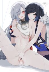 2girls absurdres baconontheclock bangs blue_hair blush bob_cut breast_curtain breasts censored diagonal_bangs female fingering genshin_impact green_eyes grey_hair hair_over_one_eye heart heart-shaped_pupils heart_censor highres large_breasts long_hair multiple_girls navel nipple_tweak nipples one_eye_closed parted_lips pussy_juice shenhe_(genshin_impact) string symbol-shaped_pupils teeth thought_bubble tongue upper_teeth_only yelan_(genshin_impact) yuri