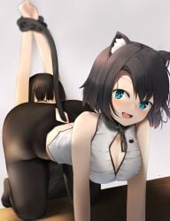 1boy 1girls arms_up big_ass big_breasts black_hair black_tail blue_eyes cat_ears cat_print cat_tail catgirl chains closed_eyes looking_back narrow_waist neck_chain on_knees open_mouth pantyhose slave smile tsuchiro white_shirt