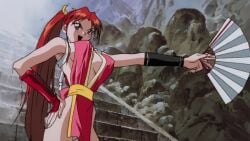 2d animated athletic athletic_female big_breasts bouncing_breasts breasts brown_eyes brown_hair busty cleavage fatal_fury fatal_fury_the_motion_picture female female_focus female_only frame_by_frame hourglass_figure king_of_fighters kunoichi long_hair mai_shiranui masami_obari mp4 ninja no_sound official_animation ponytail pose posing screencap short_playtime snk standing video