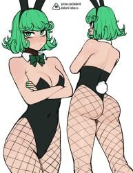 1girls ass breasts bunny_ears bunny_girl bunny_tail bunnysuit cleavage donburikazoku female female_only fishnet_pantyhose green_eyes green_hair green_nails leotard medium_breasts nail_polish one-punch_man painted_nails pantyhose short_hair solo tatsumaki