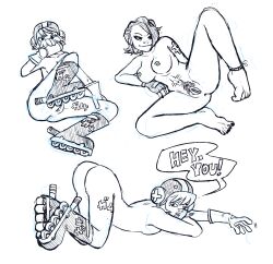 2019 ass barefoot breasts cube_(jsr) feet gum_(jsr) helmet jet_set_radio legs_apart monochrome nipples pubic_hair pussy sketch sneel toe_curl toes