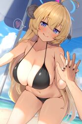 1boy :q ahoge akari_(blue_archive) bangs bare_shoulders beach beach_umbrella bikini black_bikini blonde_hair blue_archive blue_eyes blush breasts cleavage closed_mouth collarbone day female gehenna_academy_student gourmet_research_society_(blue_archive) hair_between_eyes halo heart holding_hands horns large_breasts long_hair looking_at_viewer nail_polish navel outdoors pink_pupils pov sky smile solo_focus spoken_heart string_bikini swimsuit symbol-shaped_pupils thighs tongue tongue_out umbrella ushimittsu very_long_hair