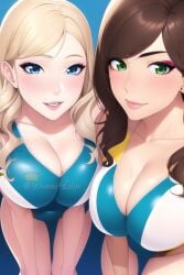 2girls ai_generated artist_self-insert big_breasts blonde_hair blue_eyes breasts brown_hair brown_hair busty cleavage clothed clothed_female clothes clothing curvaceous curvy curvy_body curvy_female curvy_figure eyeliner eyeshadow female female_focus female_only green_eyes huge_breasts large_breasts light-skinned_female light_skin long_hair looking_at_viewer makeup nai_diffusion queen_dee queen_dee_(character) smile smiling smiling_at_viewer stable_diffusion swimsuit swimwear thick voluptuous wet wet_skin