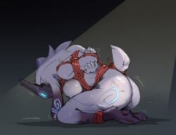 animal_ears anus anus_peek arms_behind_back ass body_fur body_markings bondage breasts female from_side furry furry_female grey_fur highres kindred lamb_(league_of_legends) league_of_legends long_hair mask muscular_female nude prostration rope sheep_ears sheep_girl sheep_tail shiny_skin solo tail zinnick