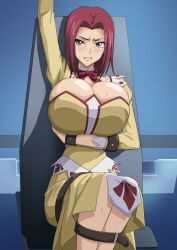1girls blue_eyes blush bondage bound_arms bound_legs breasts cleavage code_geass dress female female_only hair_between_eyes huge_breasts iwao178 kallen_stadtfeld looking_at_viewer red_hair short_hair solo sweat thick_thighs thighs uncensored wide_hips