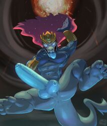 anthro anus armor aurelion_sol balls big_balls big_penis blue_body blue_tongue bracers claws crown dragon eyelid_pull feet genitals hair headgear hi_res huge_cock league_of_legends low-angle_view male meatshaq muscular muscular_anthro muscular_male nude penis red_hair riot_games scalie solo tongue tongue_out