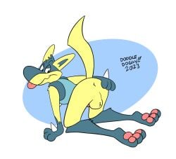 2020s 2023 absurd_res bedroom_eyes bent_over blep doodledoggy hi_res kneeling lucario narrowed_eyes nintendo paws pokemon pokemon_(species) presenting seductive shiny_pokémon shiny_pokemon tongue tongue_out toony