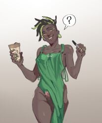 1boy ? apron apron_only barista cazu_(femboycarti) coffee_cup corujahorny dark-skinned_femboy dark-skinned_male dark_skin dreadlocks dyed_hair ear_piercing eyeshadow femboy green_dreadlocks green_eyeshadow green_hair green_nails hips iced_latte_with_breast_milk iced_latte_with_dick_milk male_only marker meme multicolored_hair penis precum shaved_side trap undercut undercut_dreads walking