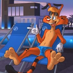 1:1 1boy anthro blue_clothing blue_speedo blue_swimwear bobcat bonkers_(series) bonkers_d._bobcat bulge clothing detailed_bulge eyewear eyewear_on_head felid feline fernley gloves handwear hi_res lynx male male_only mammal orange_body paws pool_chair poolside sitting solo speedo spots spotted_body sunglasses sunglasses_on_head swimwear