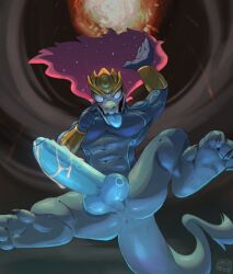 anthro anus armor aurelion_sol balls big_balls big_penis blue_body blue_tongue bodily_fluids bracers claws crown cum cum_on_penis dragon eyelid_pull feet genital_fluids genitals hair headgear hi_res huge_cock league_of_legends low-angle_view male meatshaq muscular muscular_anthro muscular_male nude penis red_hair riot_games scalie solo tongue tongue_out