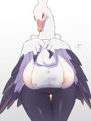 anthro avian beak big_breasts bird black_body blush bombirdier breasts female generation_9_pokemon hi_res looking_at_viewer nintendo pokemon pokemon_(species) pokemorph simple_background solo thick_thighs tubasa white_background white_body