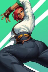 1girls absurd_res arc_system_works arms_above_head ass ass_focus belt big_ass big_butt blue_eyes breasts clothed clothed_female dark_skin dark_skinned_female giovanna_(guilty_gear) green_background guilty_gear guilty_gear_strive hi_res huge_ass lipstick looking_at_viewer medium_breasts nail_polish red_hair short_hair silver_nails solo sotcho