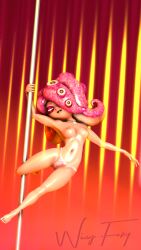 3d 3d_(artwork) desti_(smg4) looking_at_viewer octoling octoling_girl orange_background panties pink_ink pole_dancer pole_dancing smg4 source_filmmaker splatoon splatoon_(series) splatoon_2 splatoon_3 strip_club stripper topless underwear wing_fury