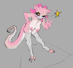 <3_eyes anthro big_breasts breasts clothing female gesture hand_on_hip havney heart horn kobold leaning leaning_forward legwear nipple_piercing nipples one_eye_closed piercing pink_body redhour solo tail thigh_highs tongue tongue_out v_sign wink