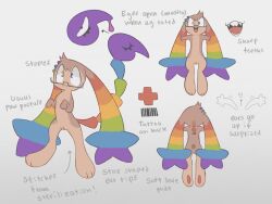 4:3 anthro english_text female grey_background hi_res l33t_(labbit1337) labbit labbit1337 lagomorph mammal model_sheet multicolored_ears multicolored_tail rainbow_ears rainbow_tail sewn_pussy simple_background solo spayed tail tattoo text