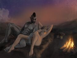 barefoot bethesda_softworks camping dark_elf dunmer fully_nude hands_behind_head human interspecies male male_elf/female_human outdoor_nudity outdoors skyrim tagme teldryn_sero the_elder_scrolls