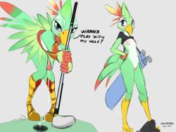 4:3 anthro avian azuredeer bird bird_body_(nintendo_switch_sports) blue_eyes bodily_fluids cum cum_drip dripping english_text feathers female genital_fluids girly golf golf_club grass_skirt green_body green_feathers hi_res male nintendo nintendo_switch nintendo_switch_sports precum precum_drip solo tail_feathers text tribal_clothing white_body white_feathers