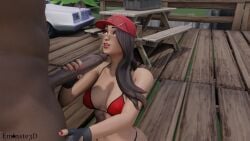 1boy 1girls bikini bikini_top cap dark-skinned_male eminste female fortnite glasses_on_hat handjob hat holding_penis huge_cock long_hair looking_at_another looking_up_at_partner red_nails ruby_(fortnite) straight