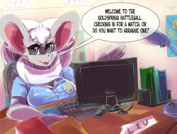 absurd_res anthro big_breasts book breasts cinccino clothed clothing computer desk english_text female fur furniture generation_5_pokemon hi_res keyboard lovespell nintendo pokemon pokemon_(species) solo speech_bubble table text